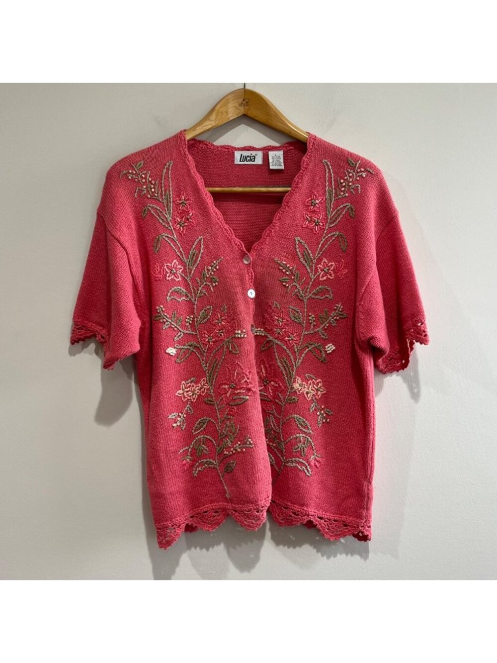 Lucia Embroidered Button Up Sweater Womens L Coral Crocheted Cottage Core 90s